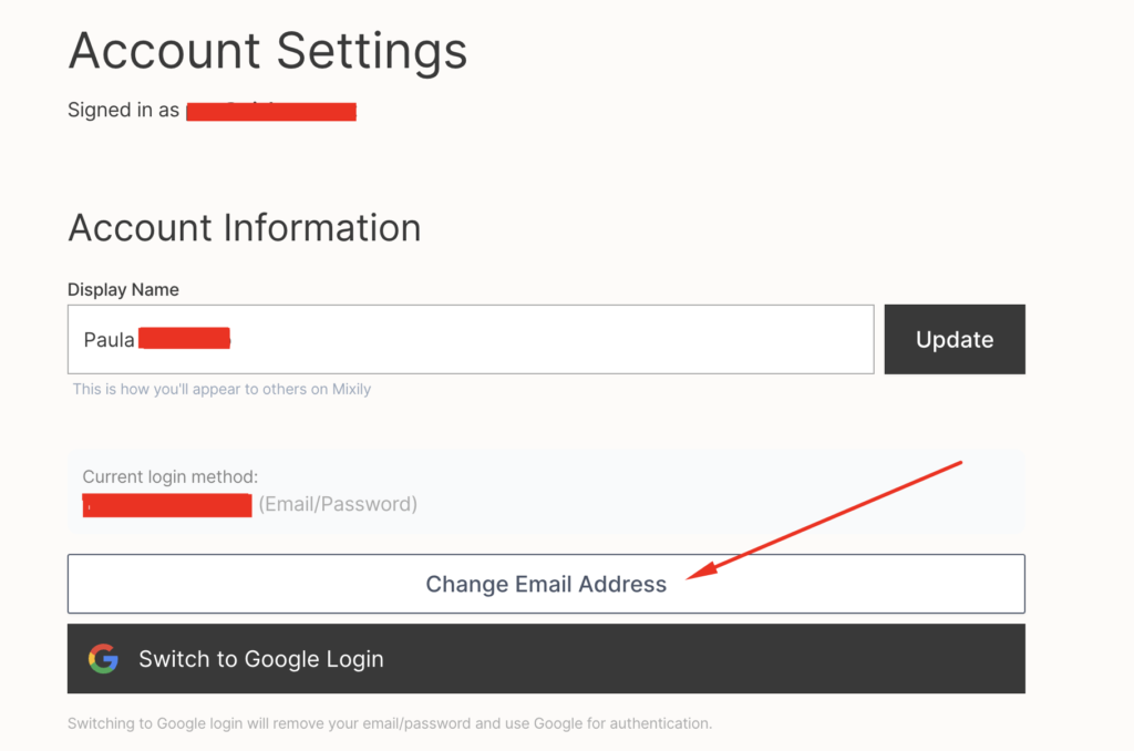 Mixily account settings showing email change option