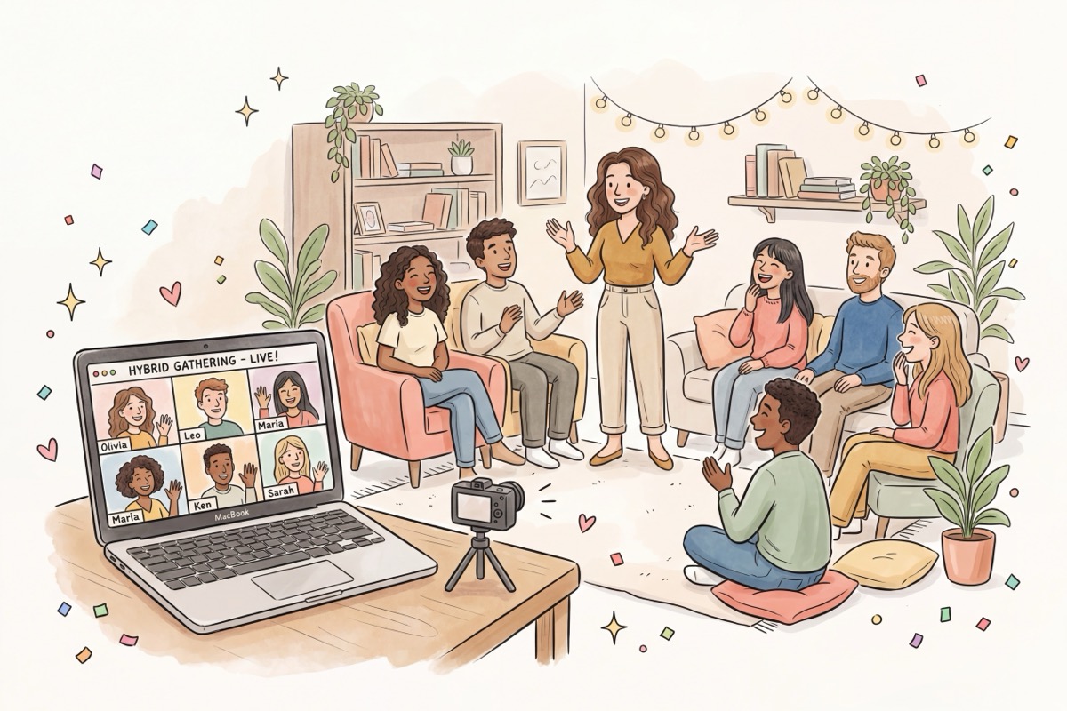 A host presenting to a small in-person group while virtual attendees join on a nearby laptop