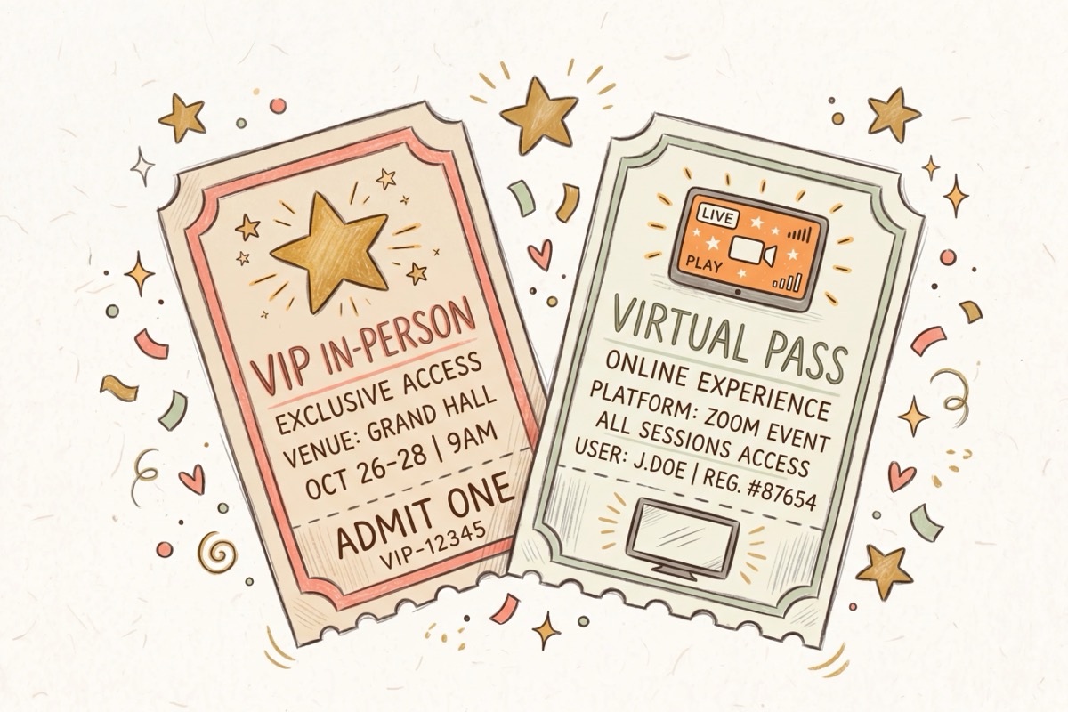 Two illustrated event tickets: a gold VIP In-Person pass and a Virtual Pass, with confetti and sparkles