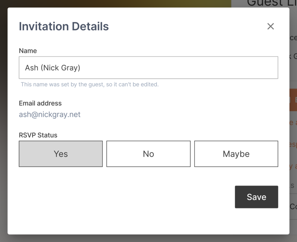 Invitation Details dialog for editing a guest's RSVP, name, and plus-ones