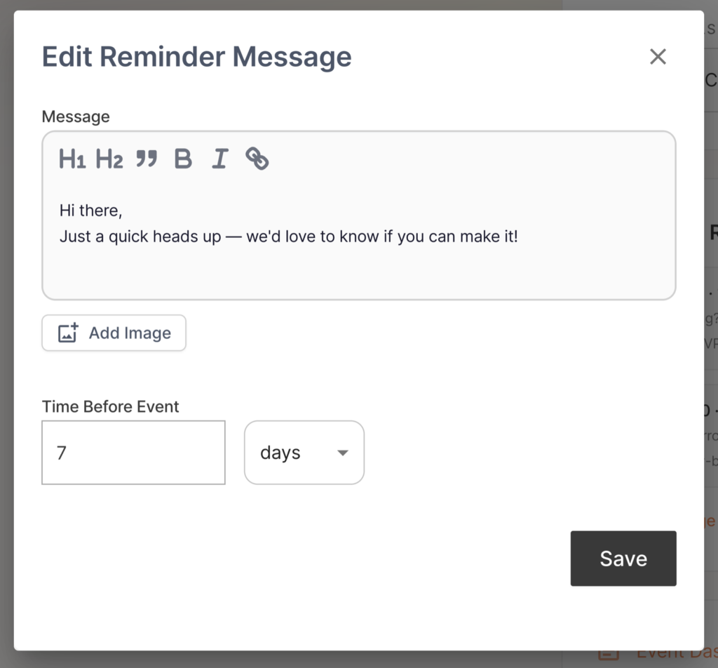 Edit Reminder Message dialog with a pre-written subject line and message
