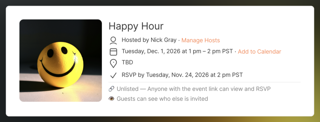 Mixily event page showing an RSVP by date deadline below the event time