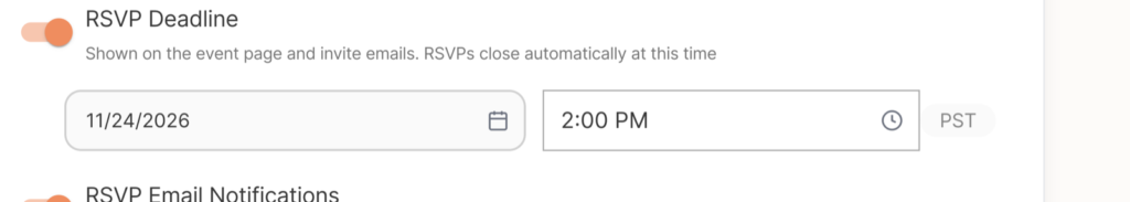 RSVP Deadline toggle with date and time fields in Mixily event settings