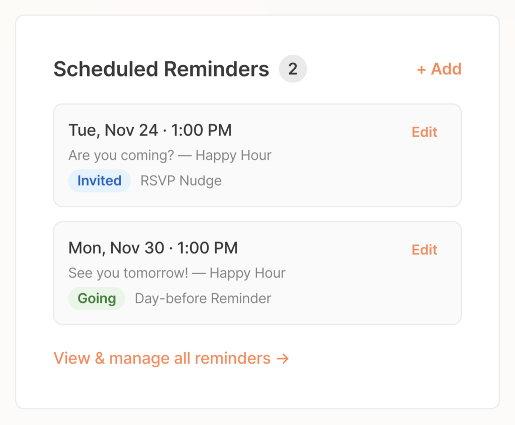 Scheduled Reminders card showing both reminder emails, their recipients, and send times