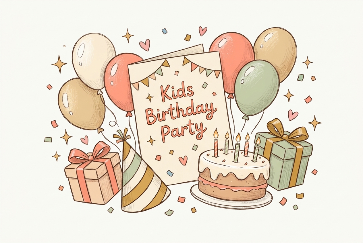 Hand-drawn illustration of a kids birthday party invitation with balloons, cake, and gifts, for kids birthday invitation wording