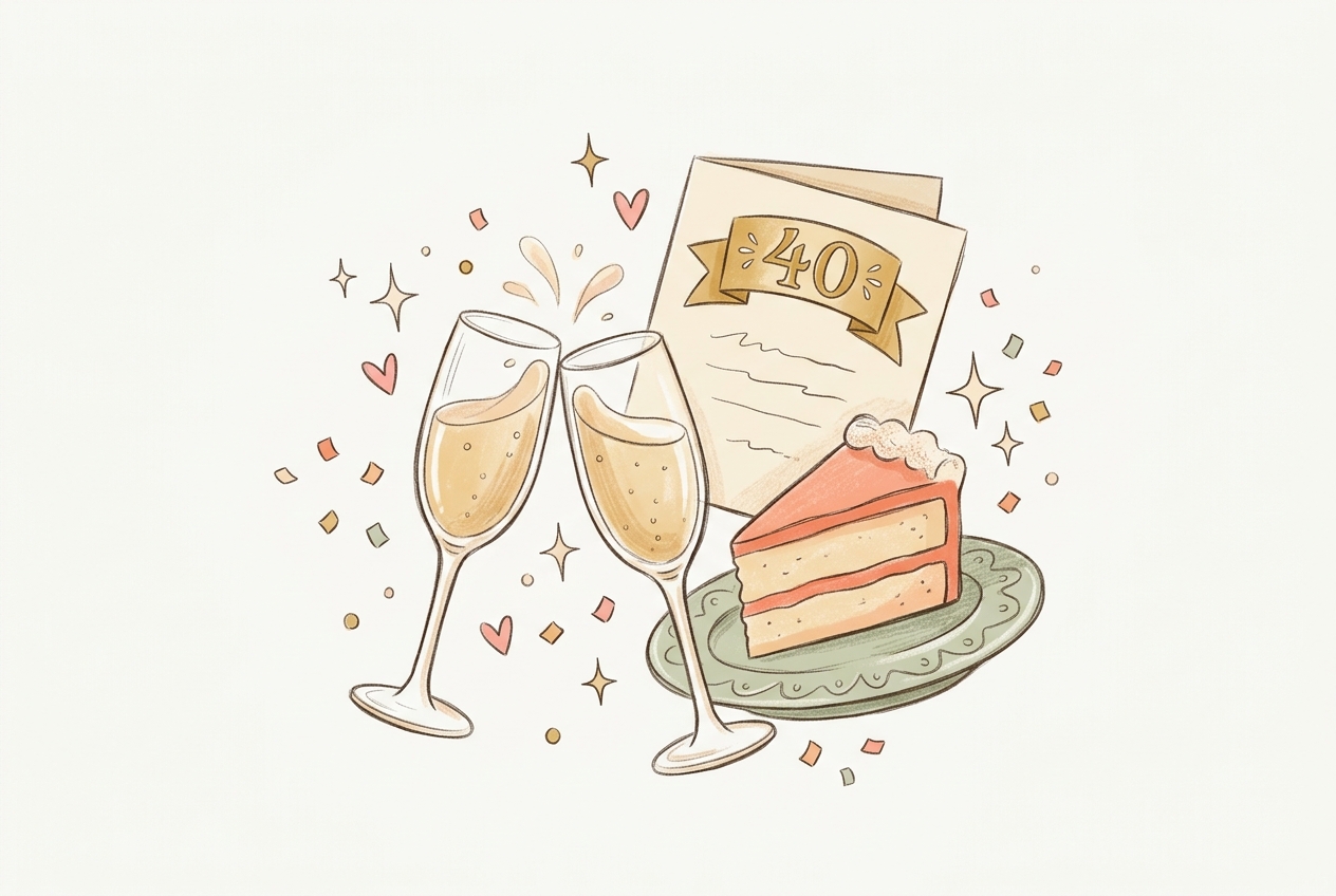 Hand-drawn illustration of a milestone 40th birthday invitation with champagne and confetti, for milestone birthday invitation wording