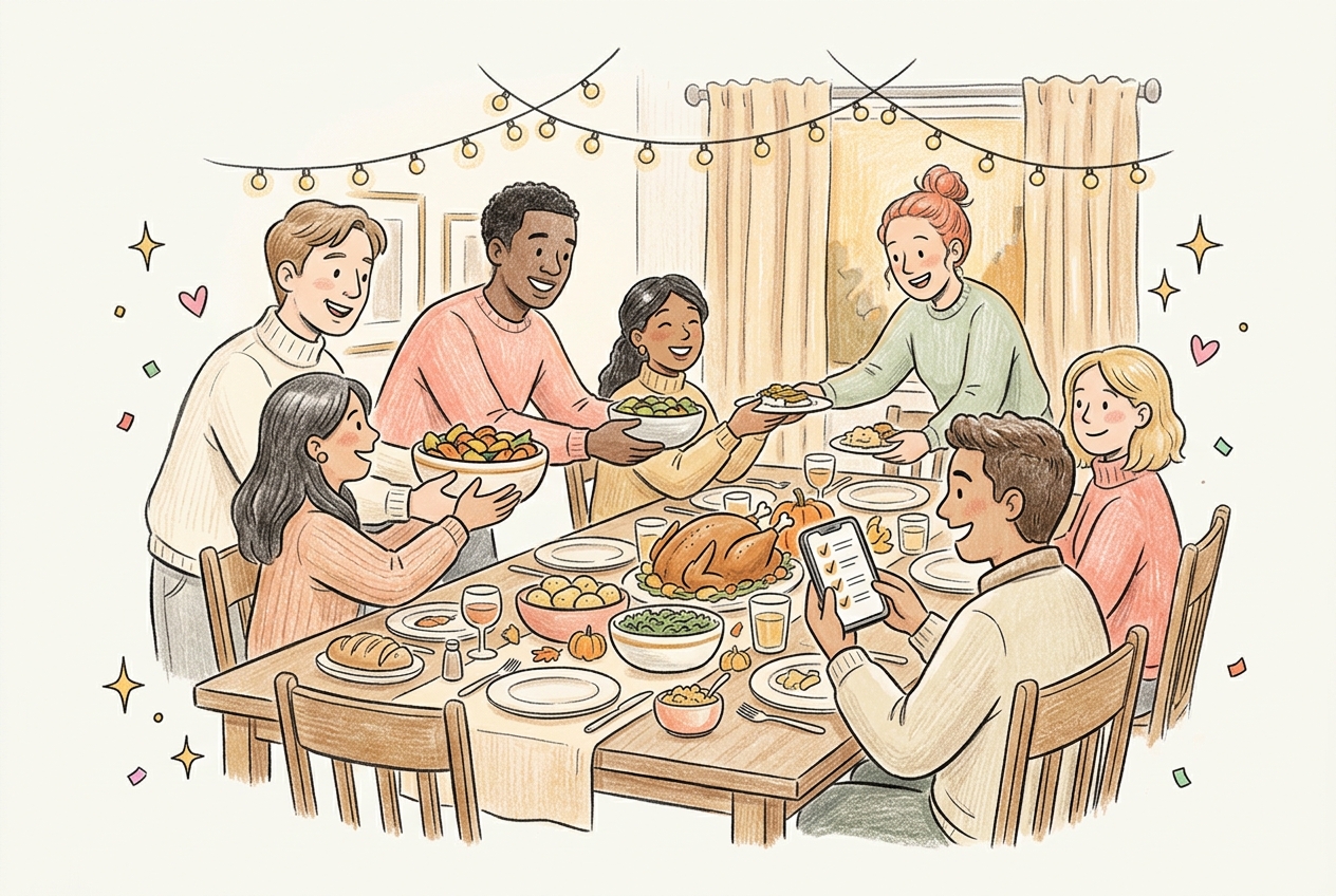 Hand-drawn illustration of a diverse group of friends sharing a Friendsgiving meal together, for Friendsgiving invitation wording
