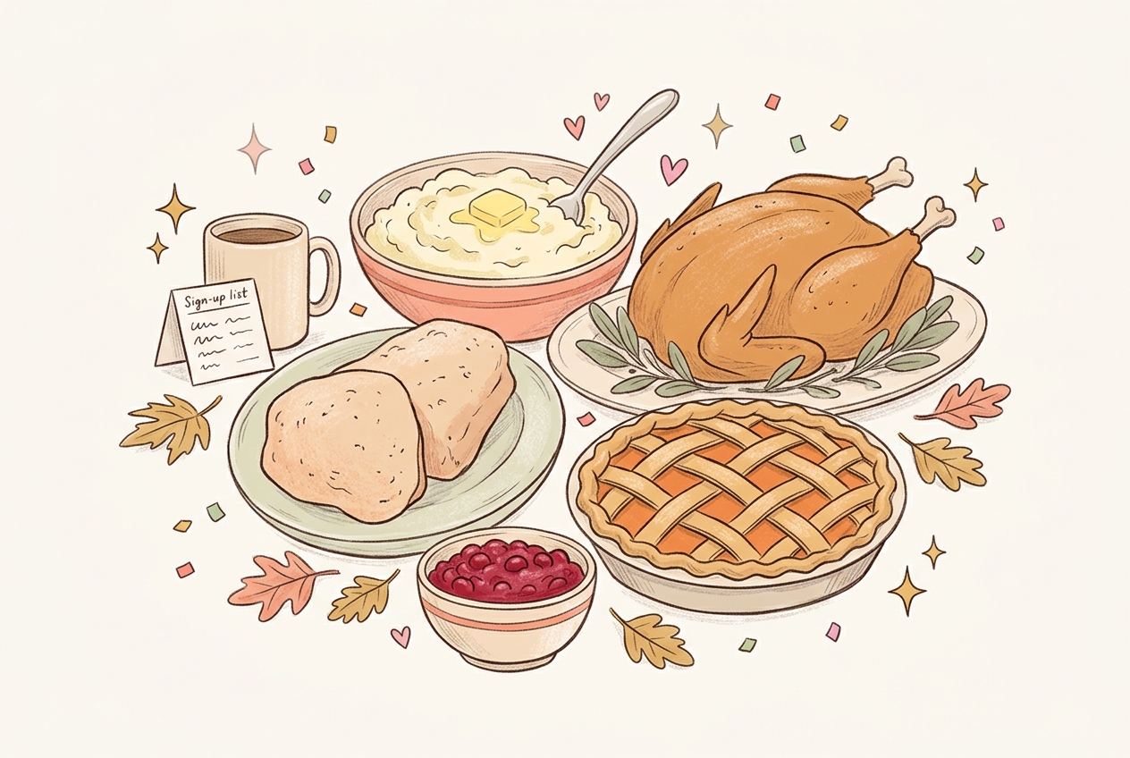 Hand-drawn illustration of a Friendsgiving potluck table with dishes and a sign-up list, for Friendsgiving invitation wording