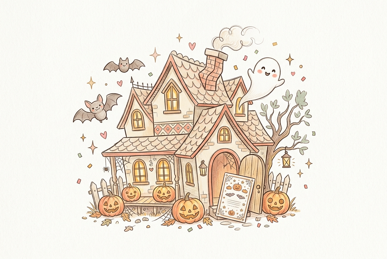 Hand-drawn illustration of a whimsical haunted house with bats and jack-o-lanterns, for haunted house Halloween party invitation wording