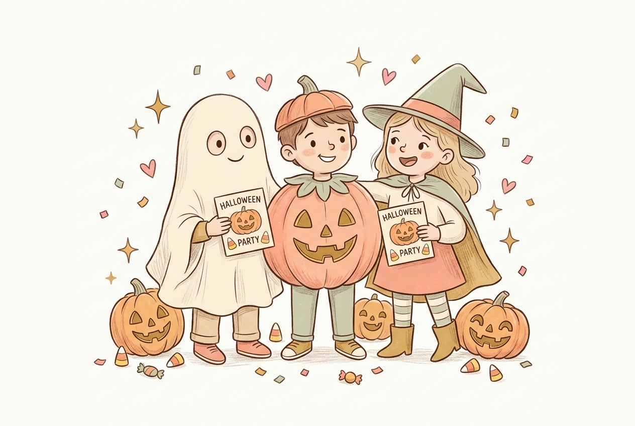 Hand-drawn illustration of kids in Halloween costumes holding party invitations, for kids Halloween party invitation wording