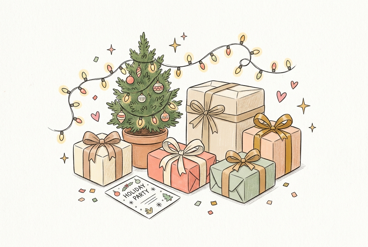 Hand-drawn illustration of a cozy office holiday party with string lights and gifts, for office holiday party invitation wording