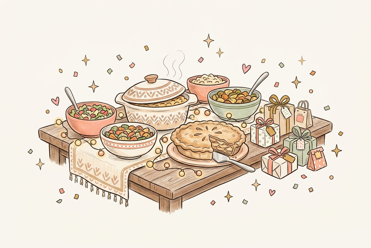 Hand-drawn illustration of a holiday potluck table spread with dishes and wrapped gifts, for potluck and white elephant invitation wording