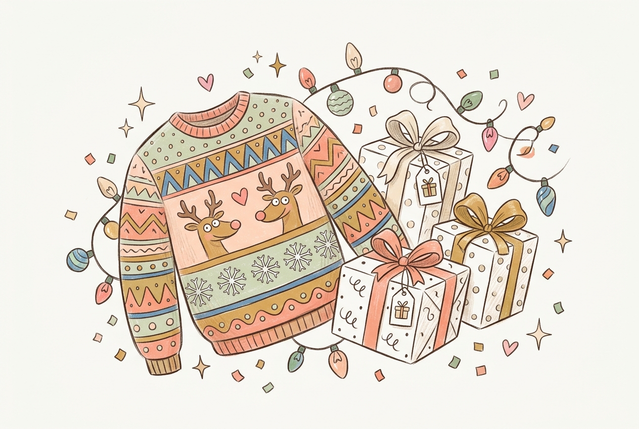 Hand-drawn illustration of an ugly holiday sweater and wrapped gifts for ugly sweater and white elephant party invitation wording