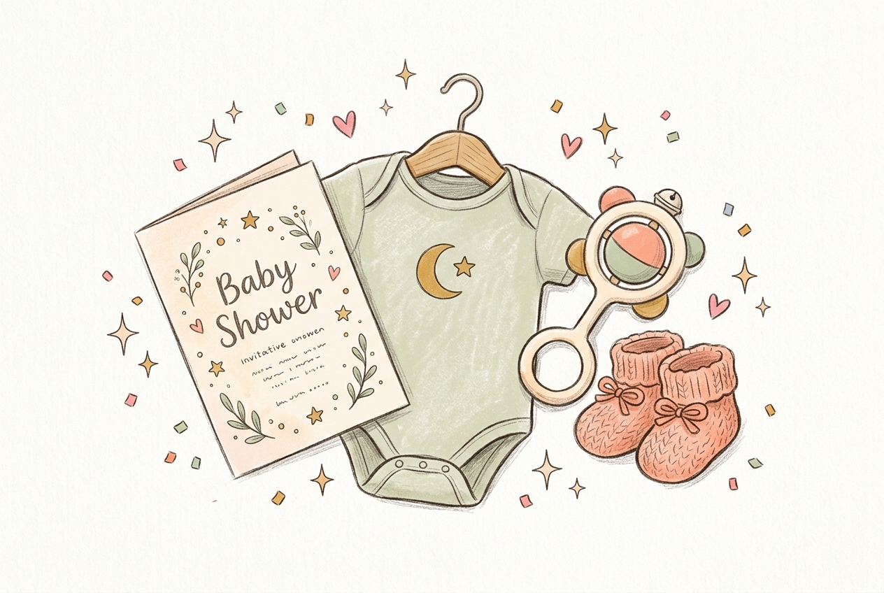 Hand-drawn illustration of a baby shower invitation with a onesie and rattle, for baby shower invitation wording examples