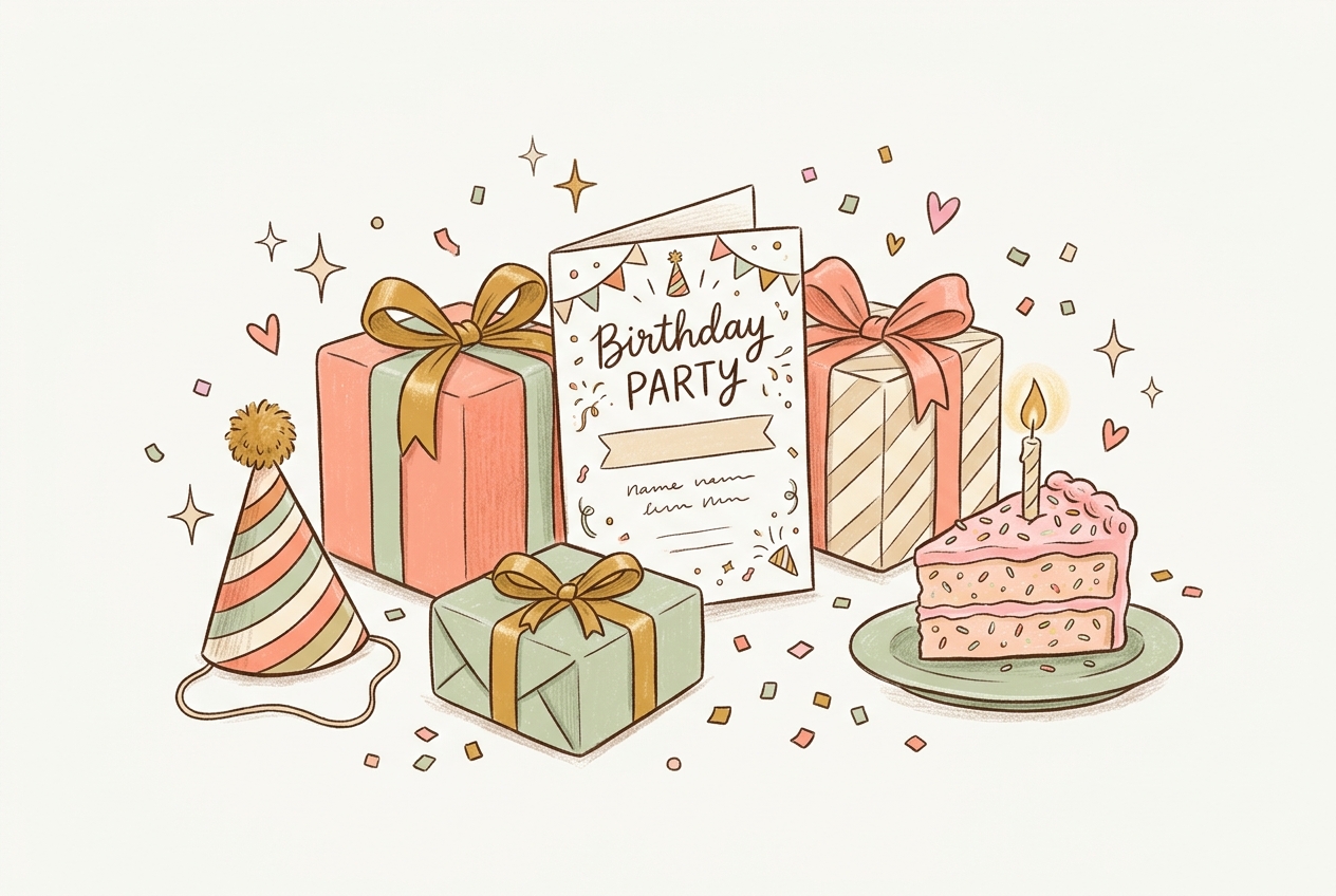 Hand-drawn illustration of a birthday party invitation with gifts and cake, for birthday invitation wording examples