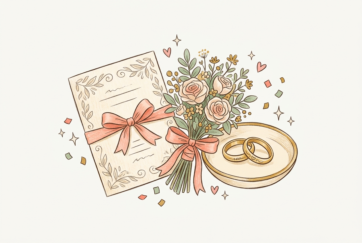Hand-drawn illustration of a wedding invitation with flowers and rings, for wedding invitation wording examples